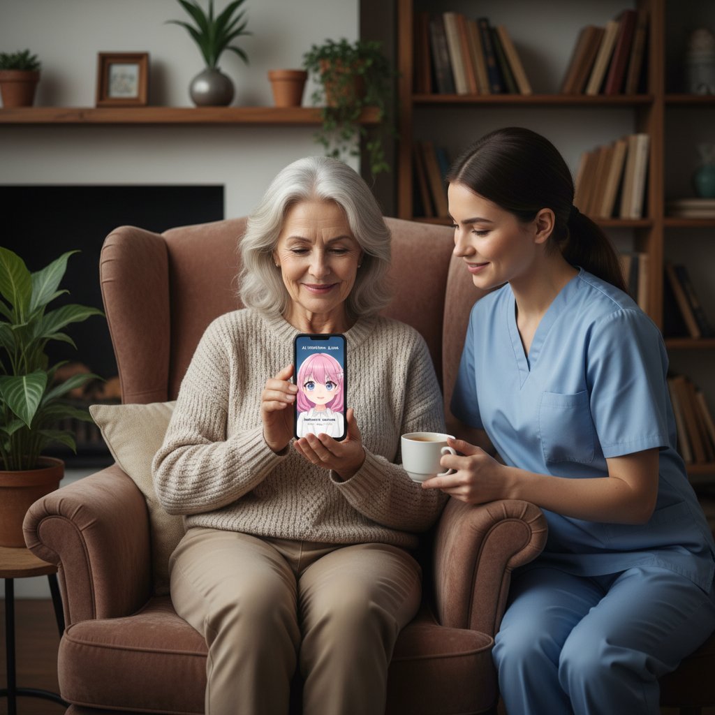 Seniorin im Sessel mit Smartphone, lächelt über KI-Freundin Chat, Pfleger*in im Hintergrund
