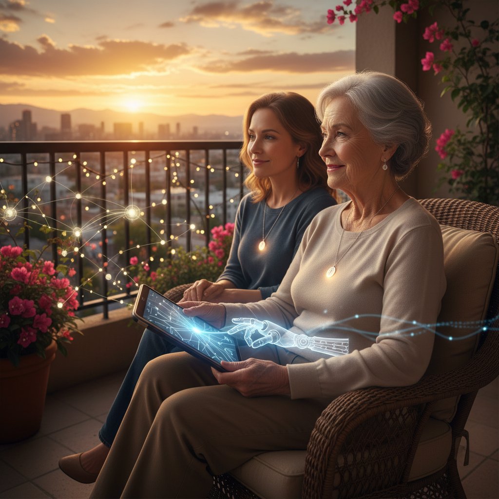 Seniorin auf Balkon bei Sonnenuntergang, vertieftes Gespräch mit KI, Verbundenheit im Alter