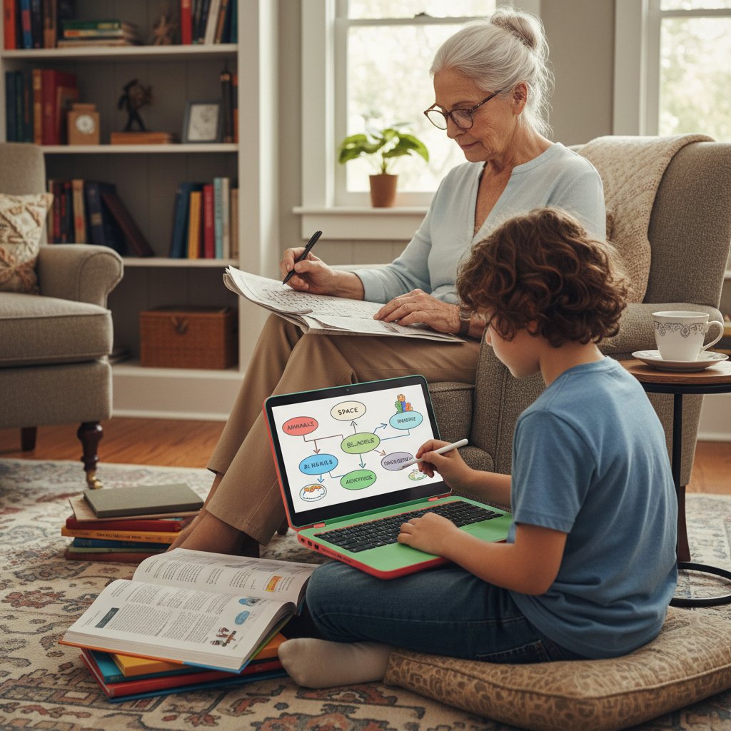Starsza kobieta rozwiązująca krzyżówkę, student z laptopem i dziecko z mapą myśli – trzy pokolenia przy nauce