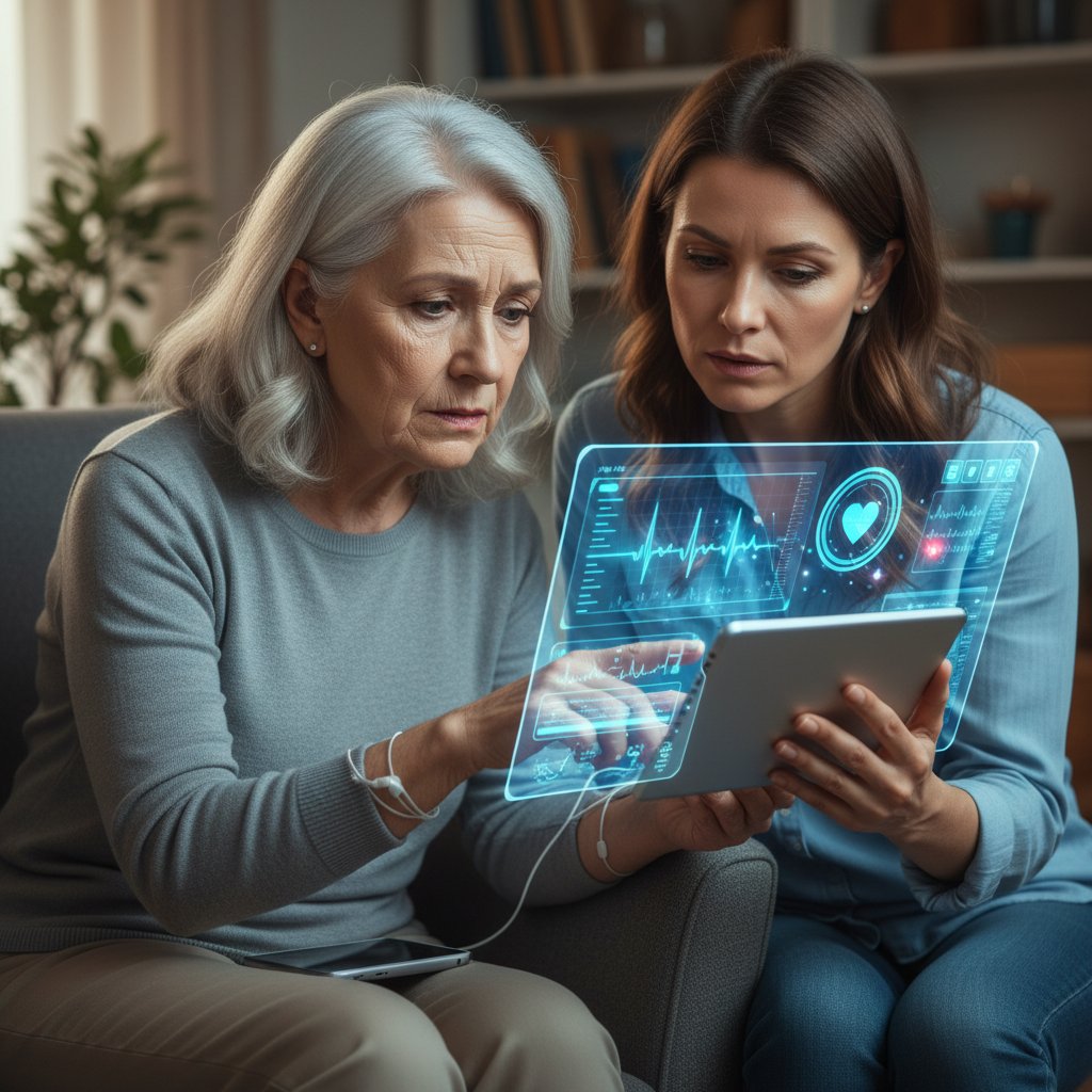 Starsza kobieta z córką i projekcją cyfrowego interfejsu zdrowotnego między nimi – napięcie i ciekawość relacji człowiek–AI