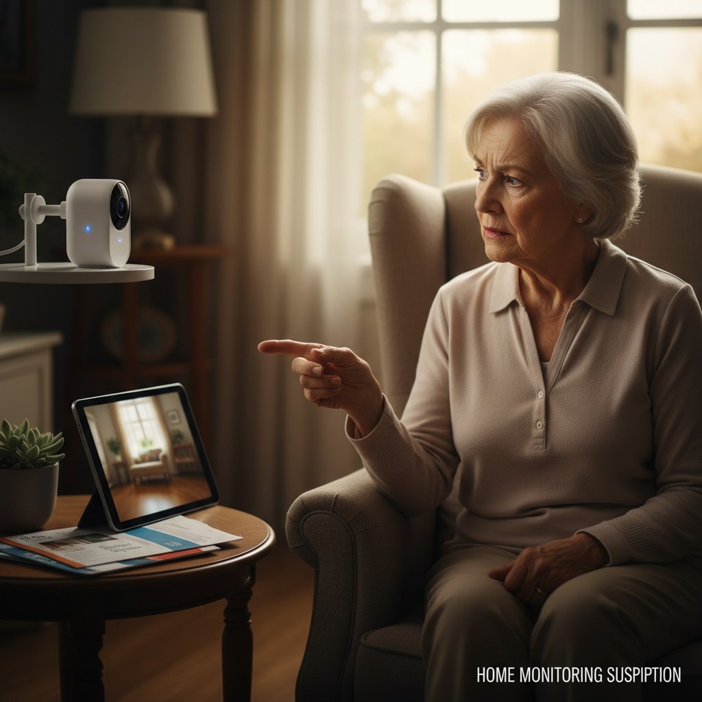 Starsza kobieta spoglądająca nieufnie na kamerę monitoringu domowego, teleopieka seniora, półmrok, dramatyczne oświetlenie