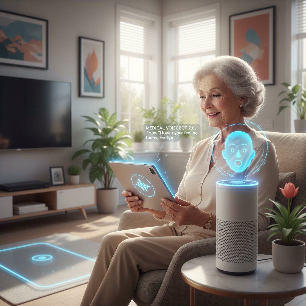 Starsza kobieta korzystająca z medycznego voicebota w domu – technologia dla każdego