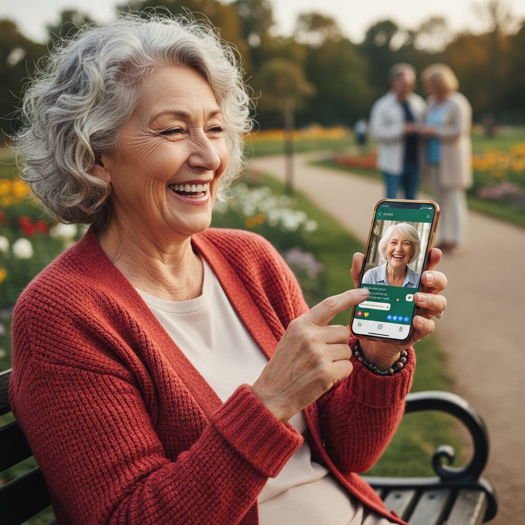 Starsza kobieta korzystająca ze smartfona, symbol nowoczesnej komunikacji