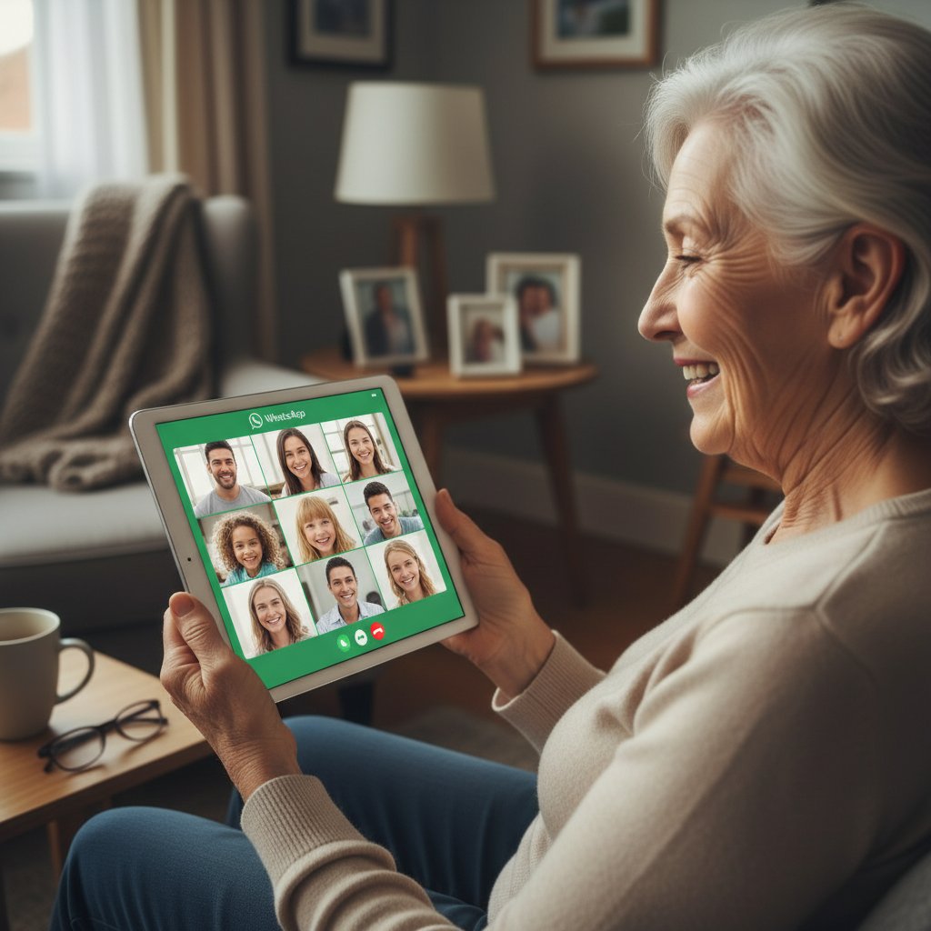 Starsza kobieta trzyma telefon, uśmiechnięta podczas rozmowy wideo z rodziną, WhatsApp dla seniorów