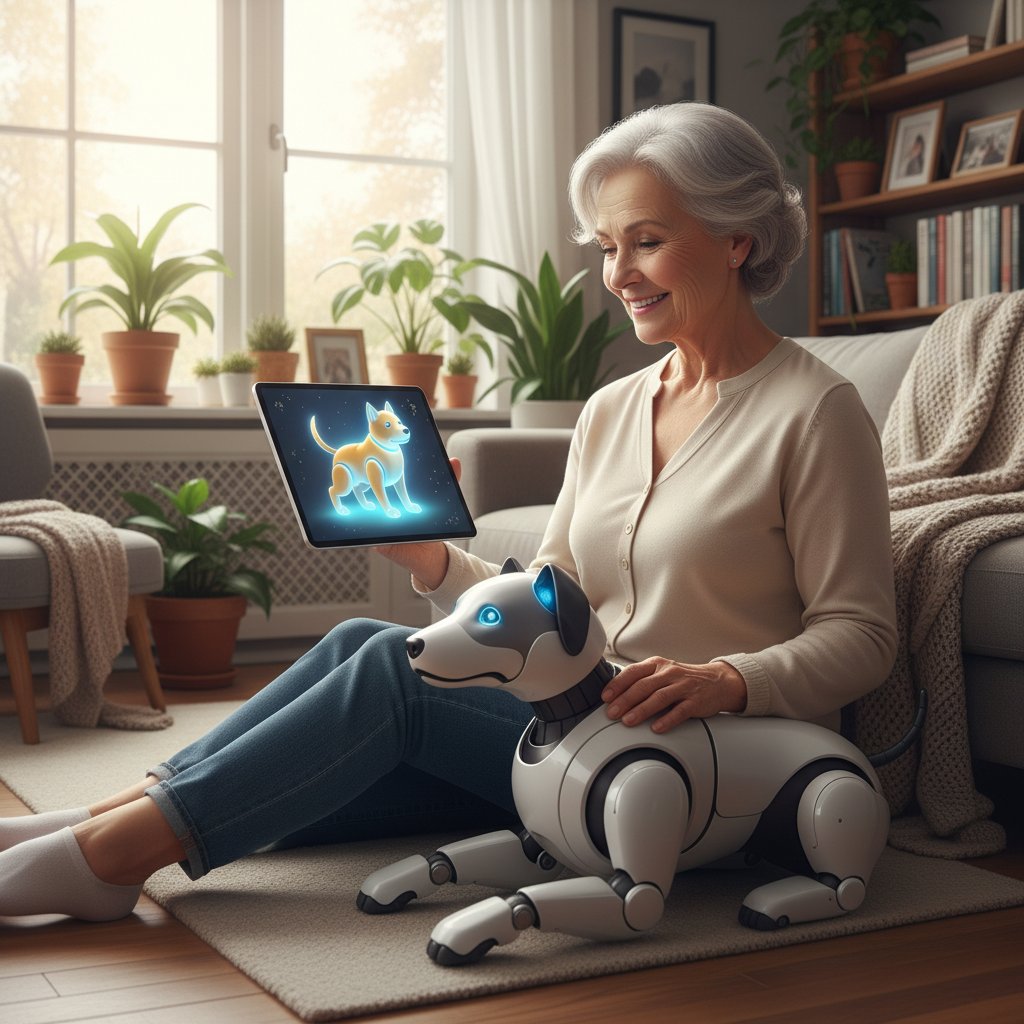 Starsza kobieta rozmawia z wirtualnym psem na tablecie w jasnym pokoju – zdjęcie ilustrujące wsparcie seniorów przez AI