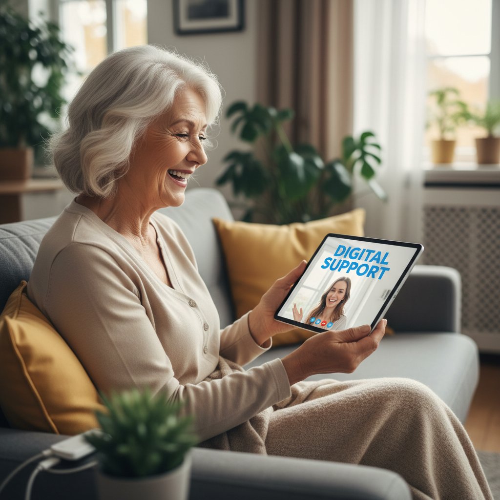 Starsza kobieta uśmiecha się do ekranu tabletu, w tle jasny salon – scena pokazująca wsparcie dla osób wykluczonych przez technologię