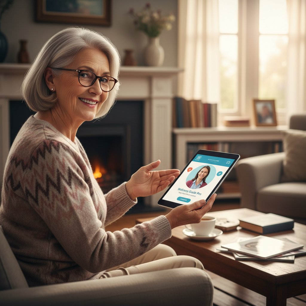 Starsza kobieta korzystająca z tabletu, poradnik zdrowotny online, przyjazne otoczenie domowe
