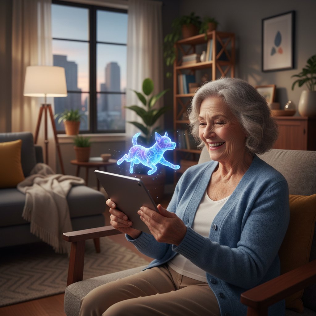 Starsza kobieta rozmawiająca przez tablet z wirtualnym psem w mieszkaniu, uśmiech na twarzy