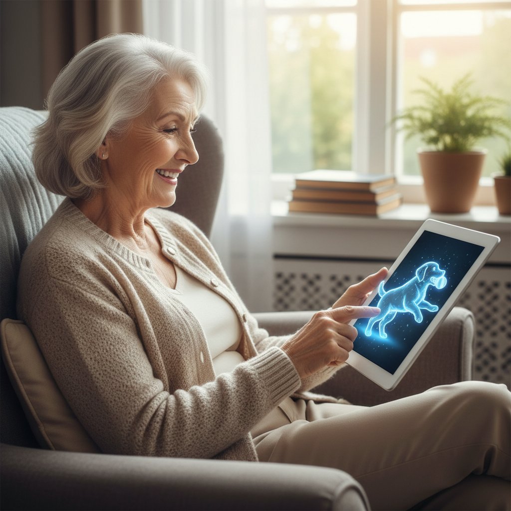 Seniorin lächelt und interagiert mit Tablet, auf dem ein virtueller Hund angezeigt wird