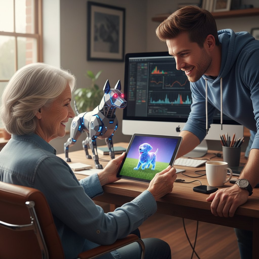 Starsza kobieta z tabletem i wirtualnym pieskiem, młody mężczyzna rozmawiający z pieskiem AI przy biurku