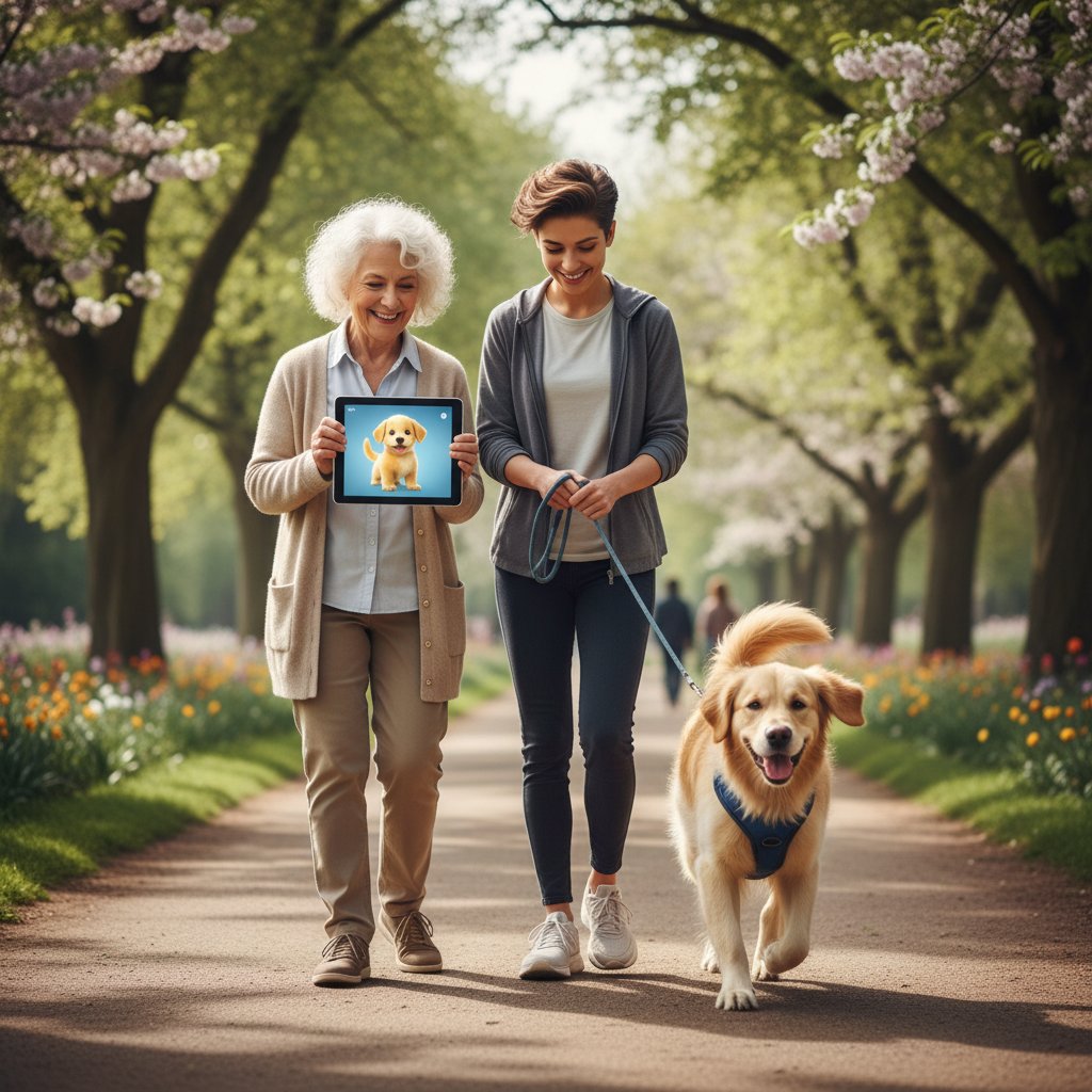 Starsza kobieta z wirtualnym pieskiem na tablecie, obok młoda osoba wyprowadza psa na spacer – wizualizacja wyboru