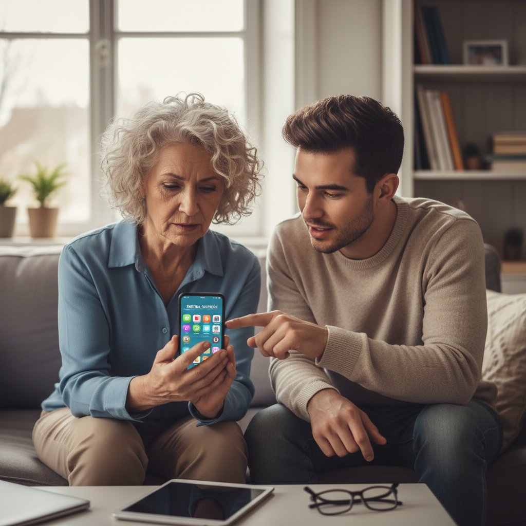 Seniorin und junger Erwachsener in getrennten Wohnungen, beide mit Smartphone, symbolisiert digitale Unterstützung für verschiedene Altersgruppen