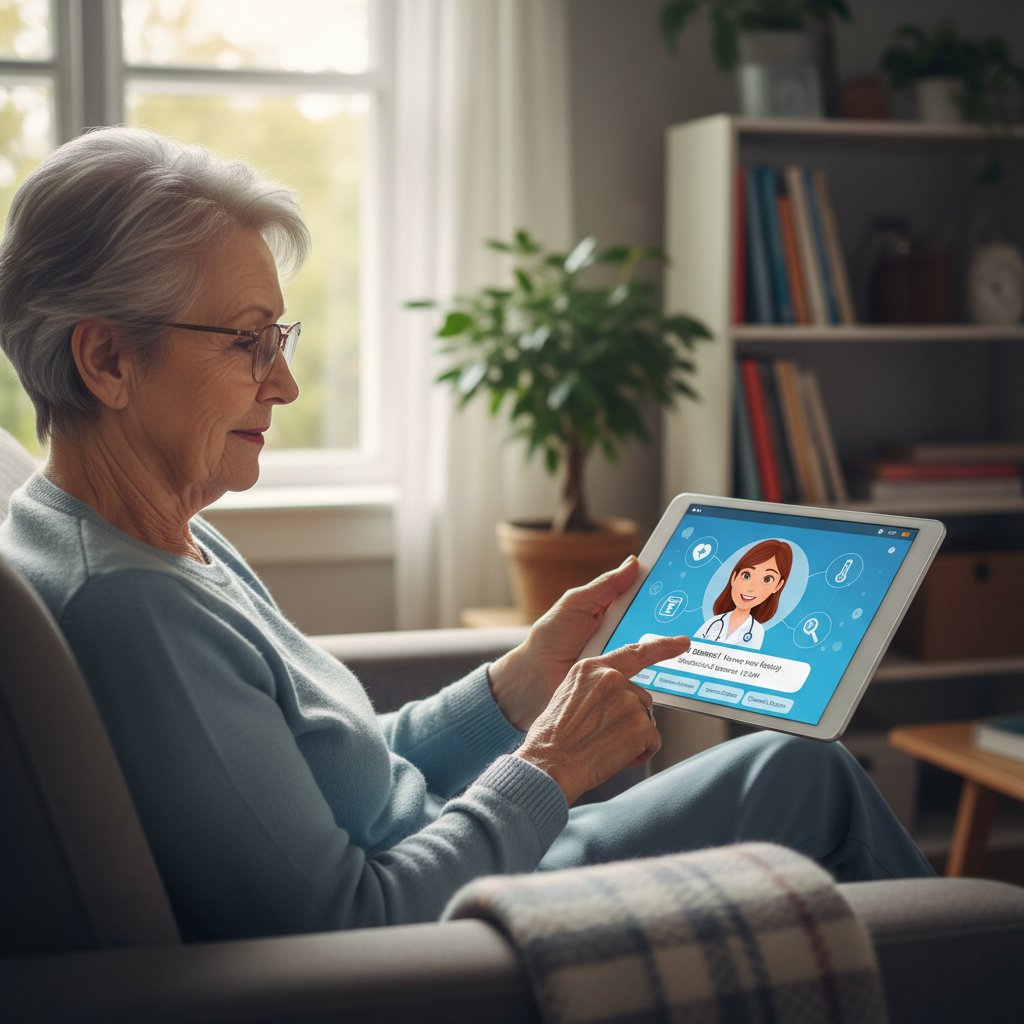Starsza kobieta korzystająca z tabletu, na ekranie widoczny interfejs wirtualnego asystenta medycznego