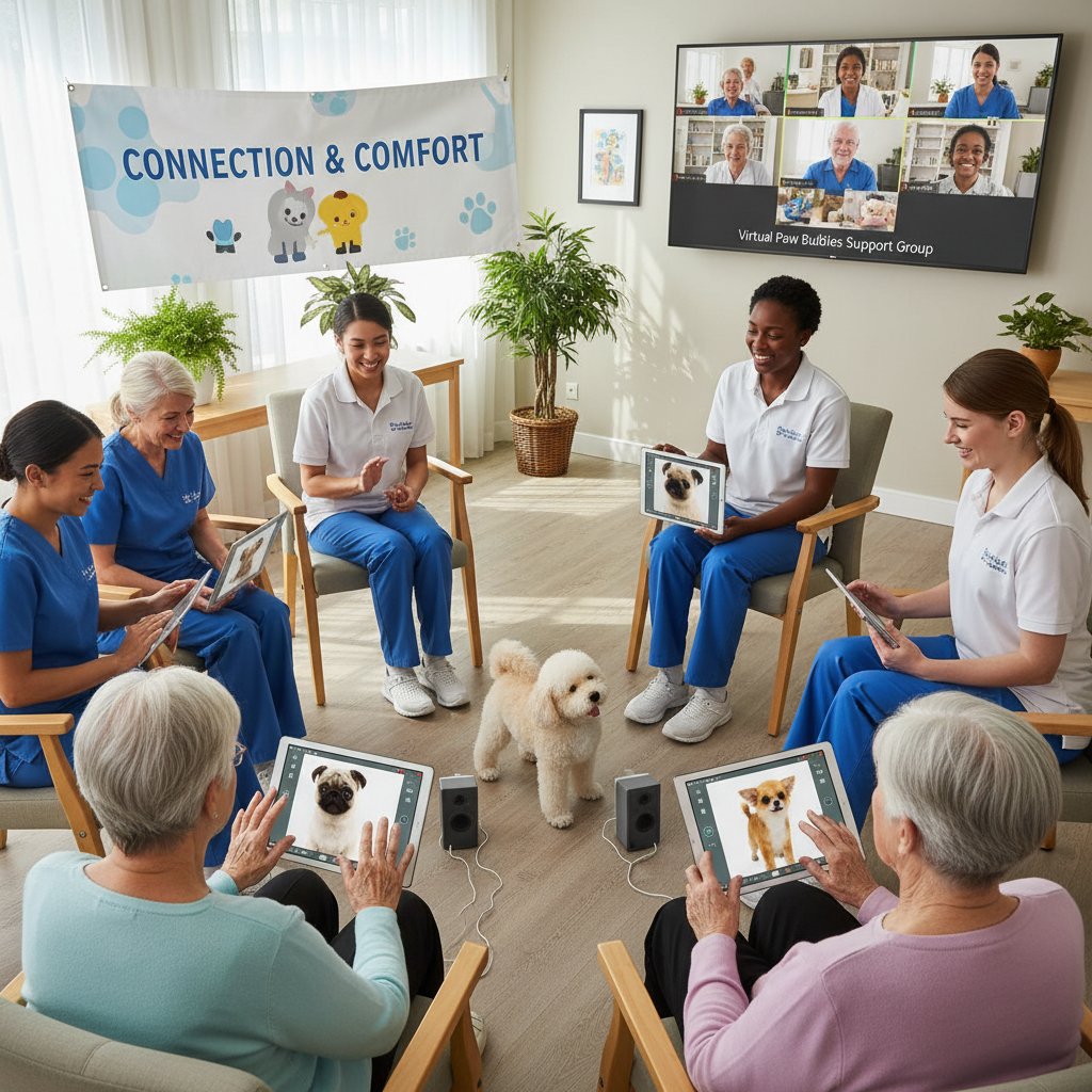 Grupa seniorów i opiekunów korzystająca z piesków symulatorów, integracja i wsparcie