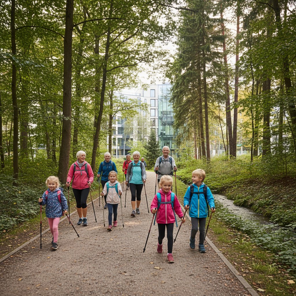 Seniorzy i dzieci uprawiający nordic walking w miejskim lesie, sport dla każdego