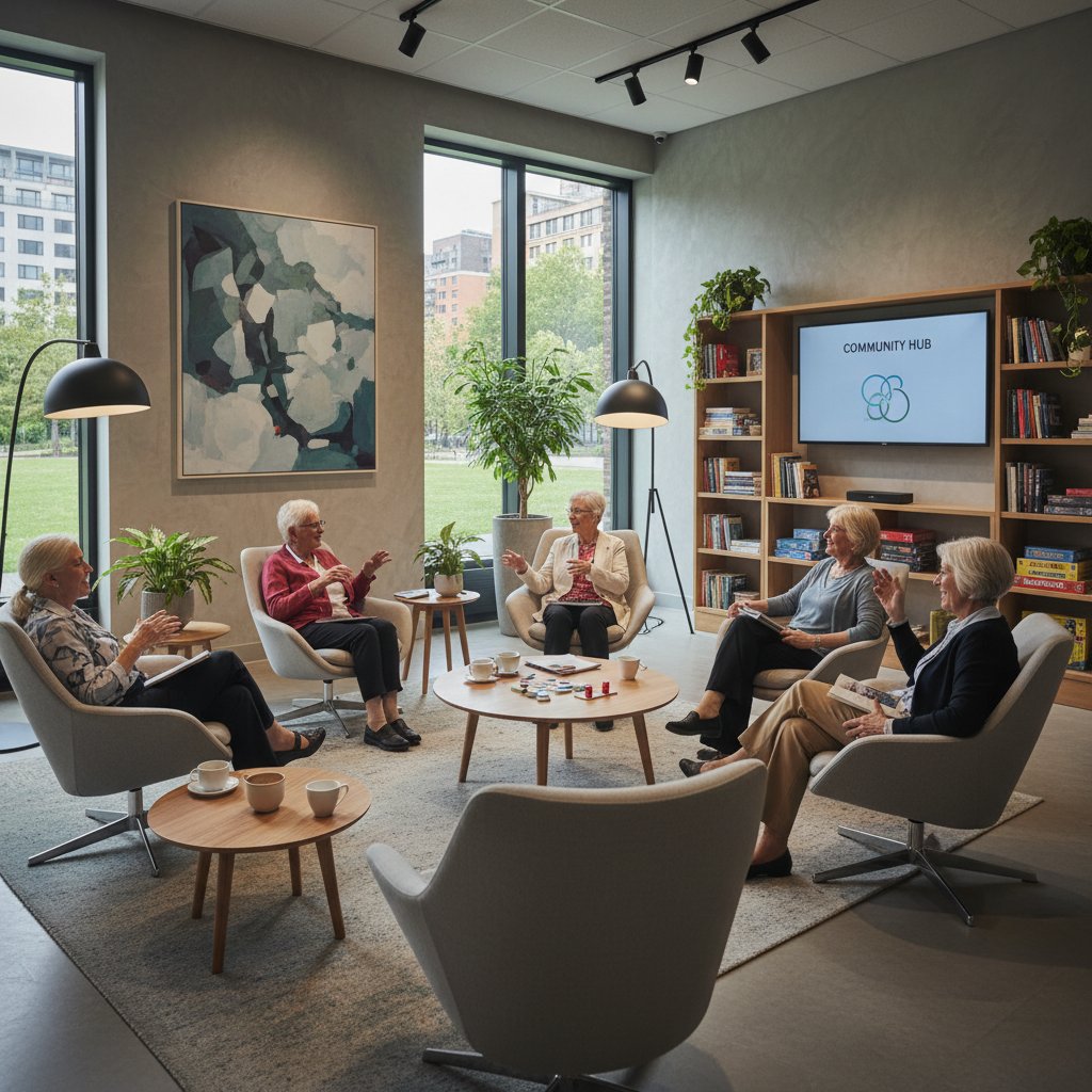 Seniorzy w klubie dyskutują, nowoczesne wnętrze, poczucie wspólnoty