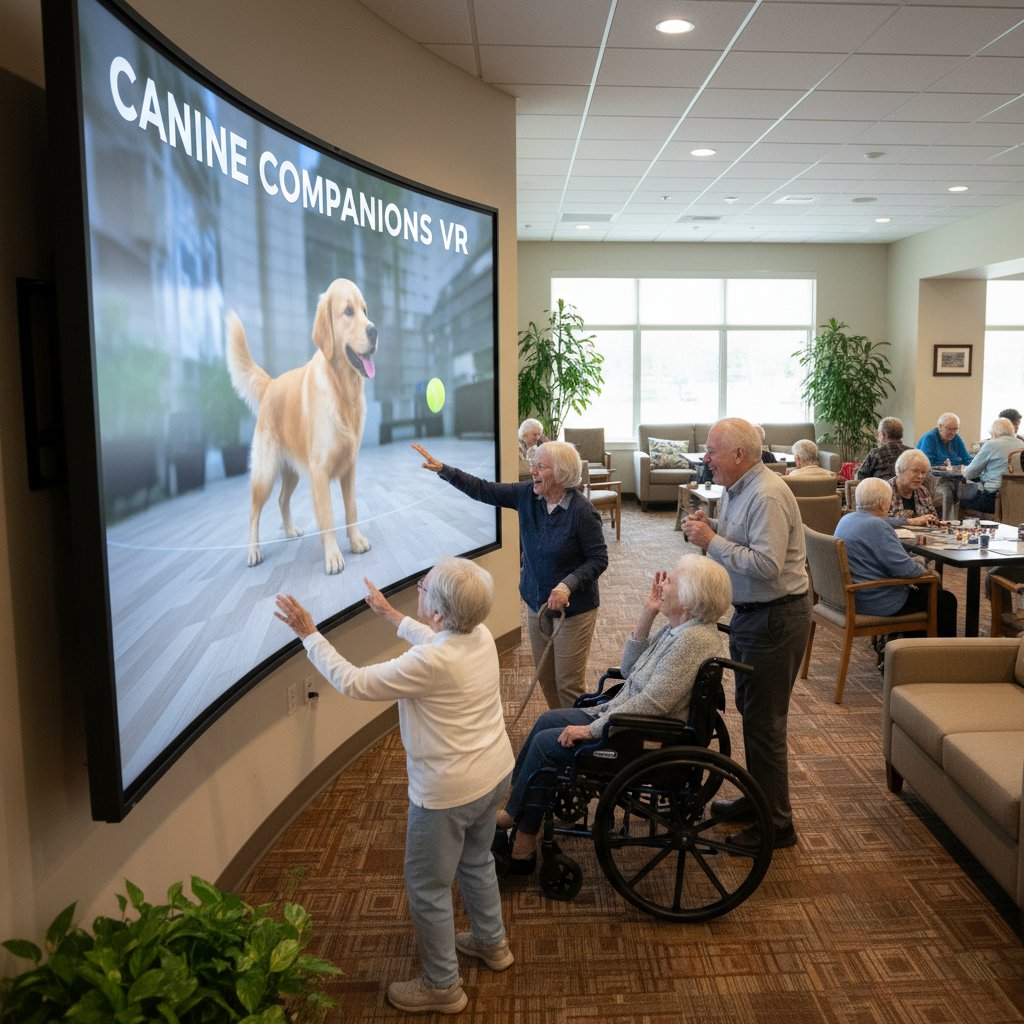 Grupa seniorów w centrum dziennym, wspólna interakcja z wirtualnym psem na dużym ekranie