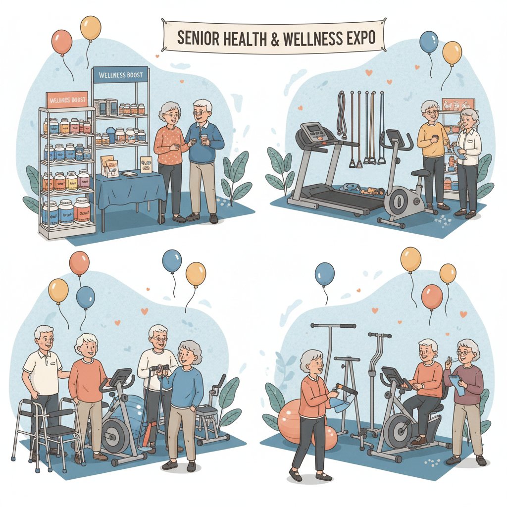 Seniorzy na targach zdrowia, stoisko z suplementami i sprzętem rehabilitacyjnym