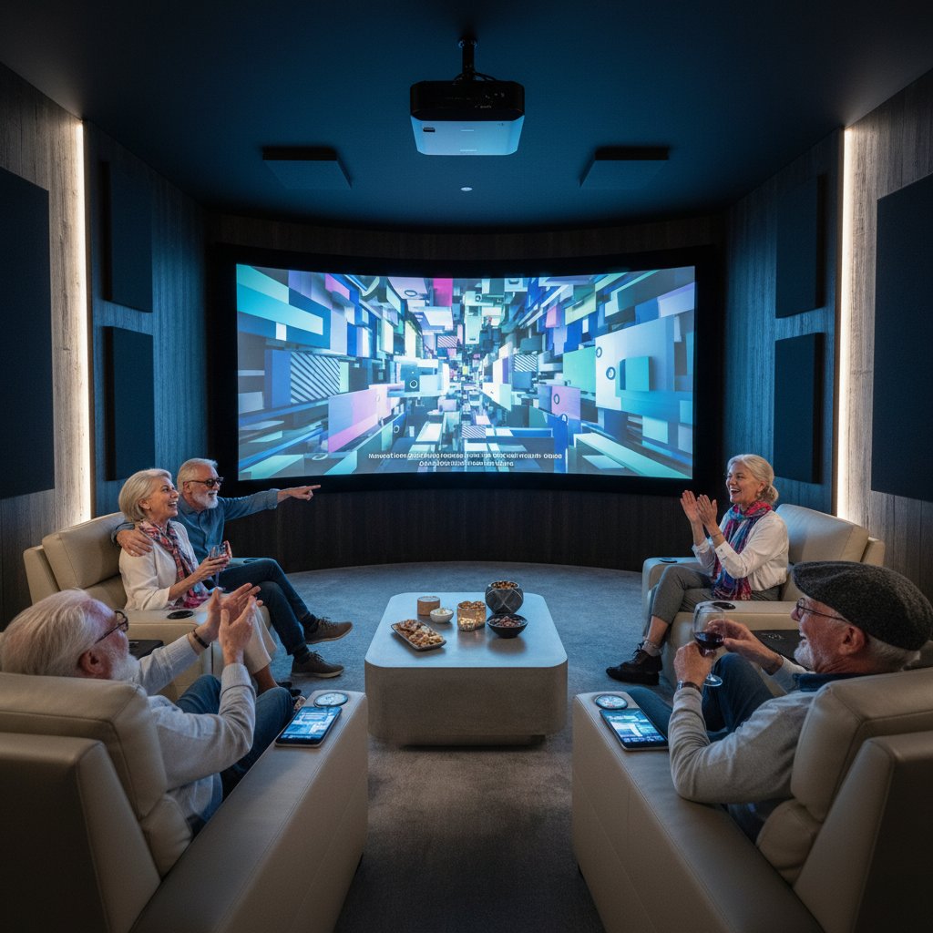 Seniors enjoying bold new movies at home, modern home theater, avant-garde film playing, lively expressions