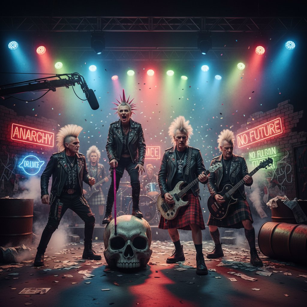 Seniors breaking film stereotypes on set, dressed as punk icons, vibrant lighting, challenging conventions