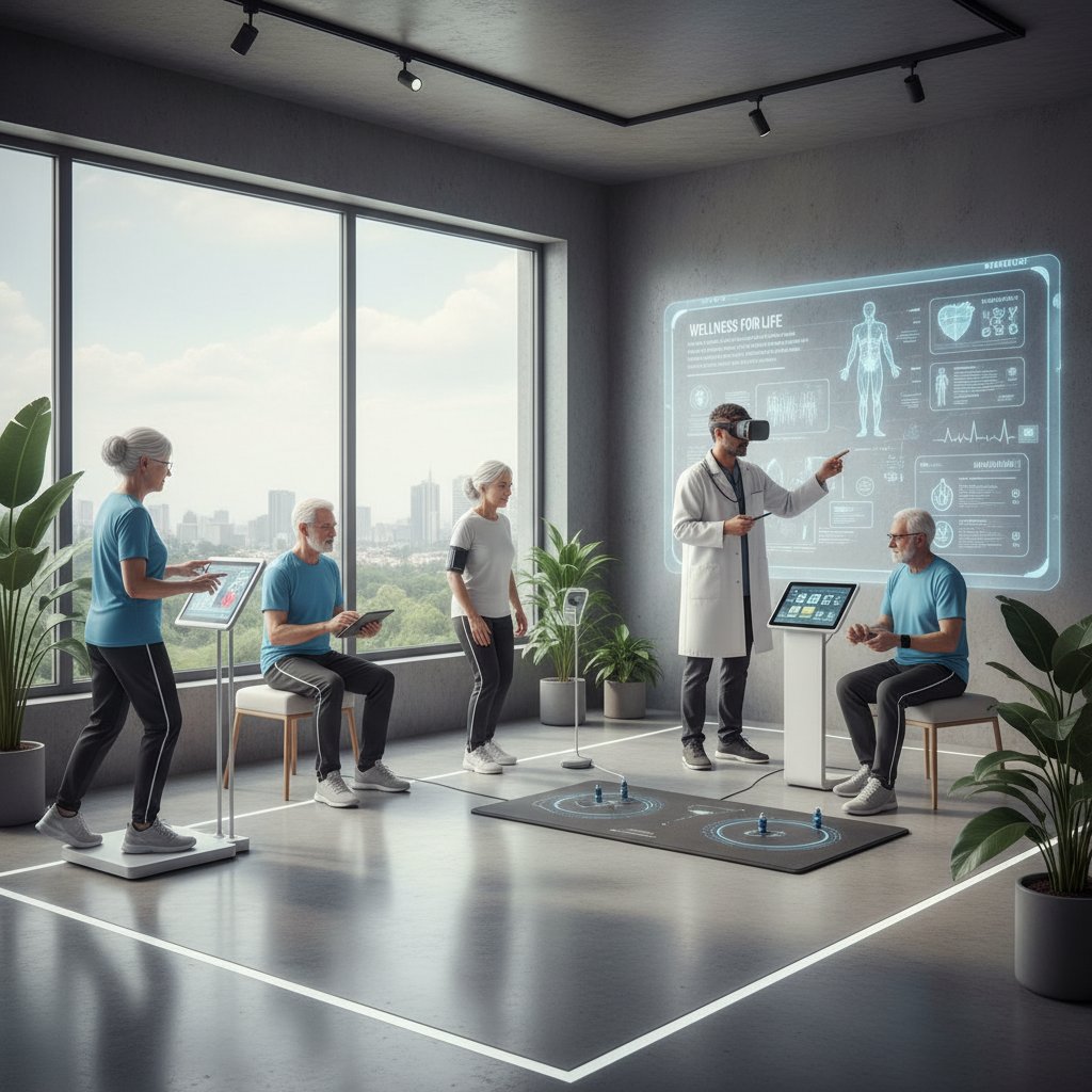 Grupa seniorów podczas szkolenia z obsługi urządzeń zdrowotnych, nowoczesna sala, atmosfera edukacji i wsparcia