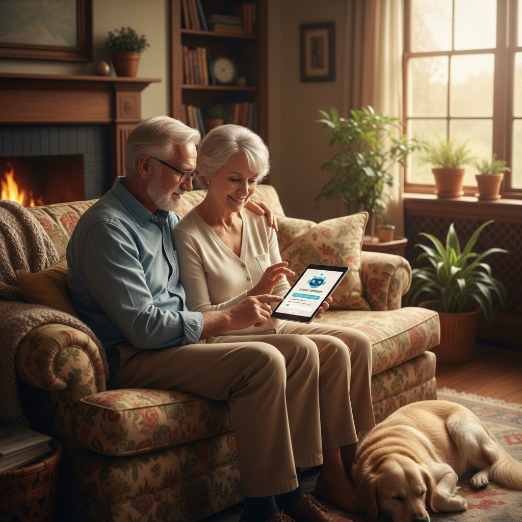 Seniorzy korzystający z chatbota AI na tablecie w przyjaznym otoczeniu domowym