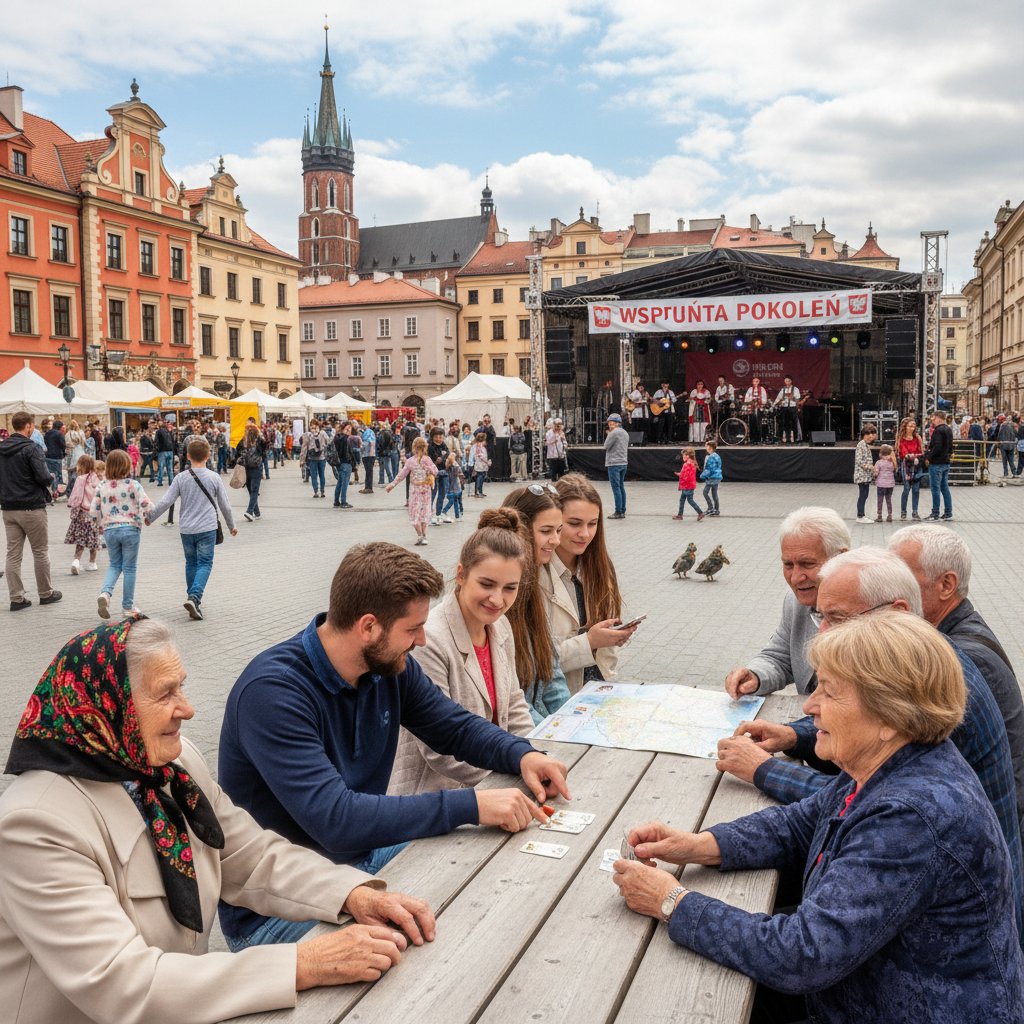 Seniorzy i młodzi razem podczas spotkania, integracja pokoleniowa, polska specyfika rozmów online