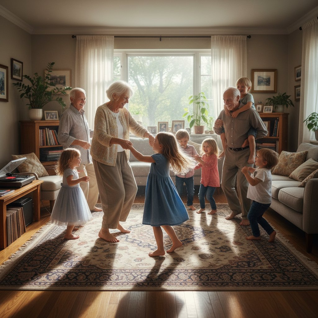 Seniorzy i dzieci ćwiczący rytmikę razem w domu, przy komputerze, radosna atmosfera, wspólny taniec