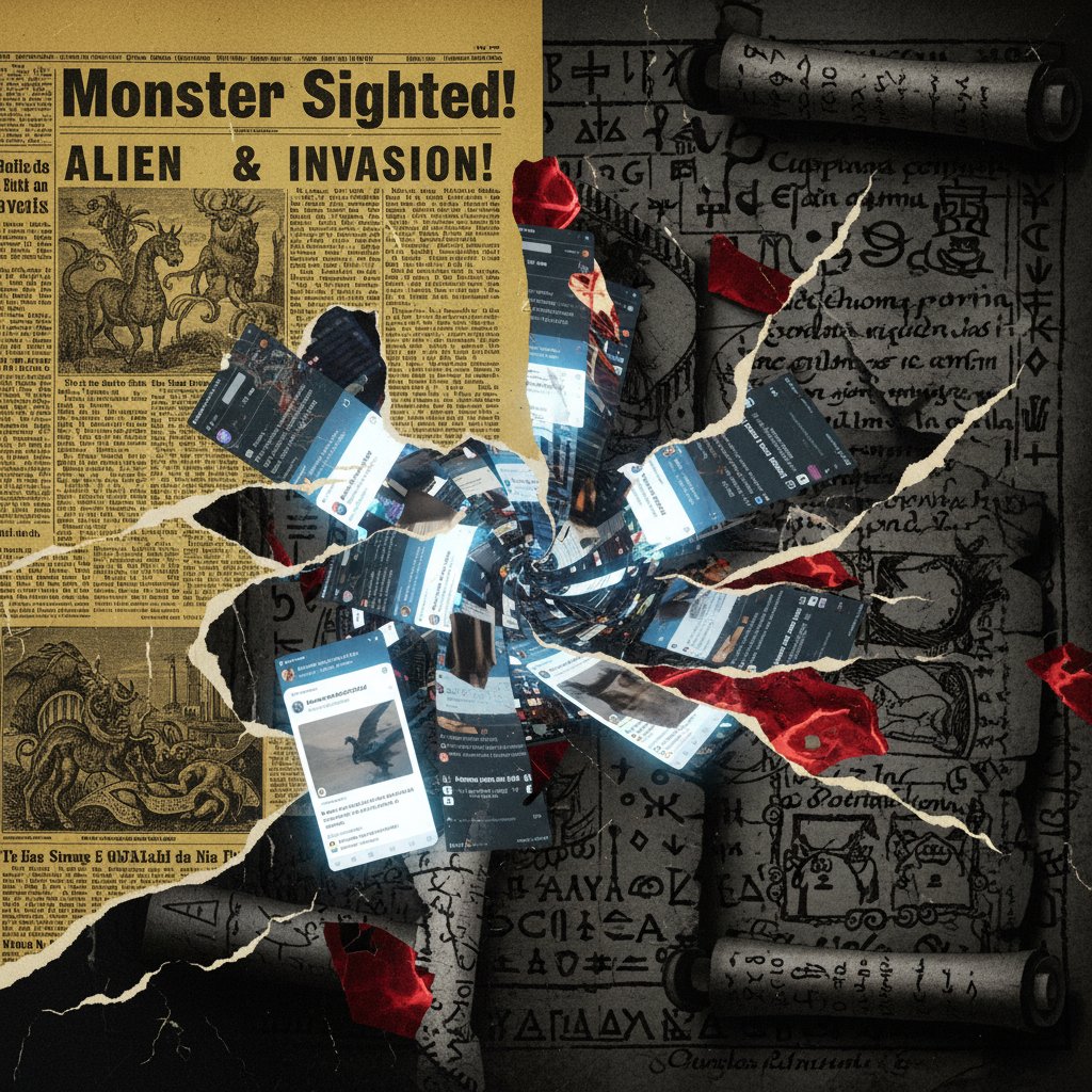 Kolaż gazet, social mediów i manuskryptów wokół reinkarnacji