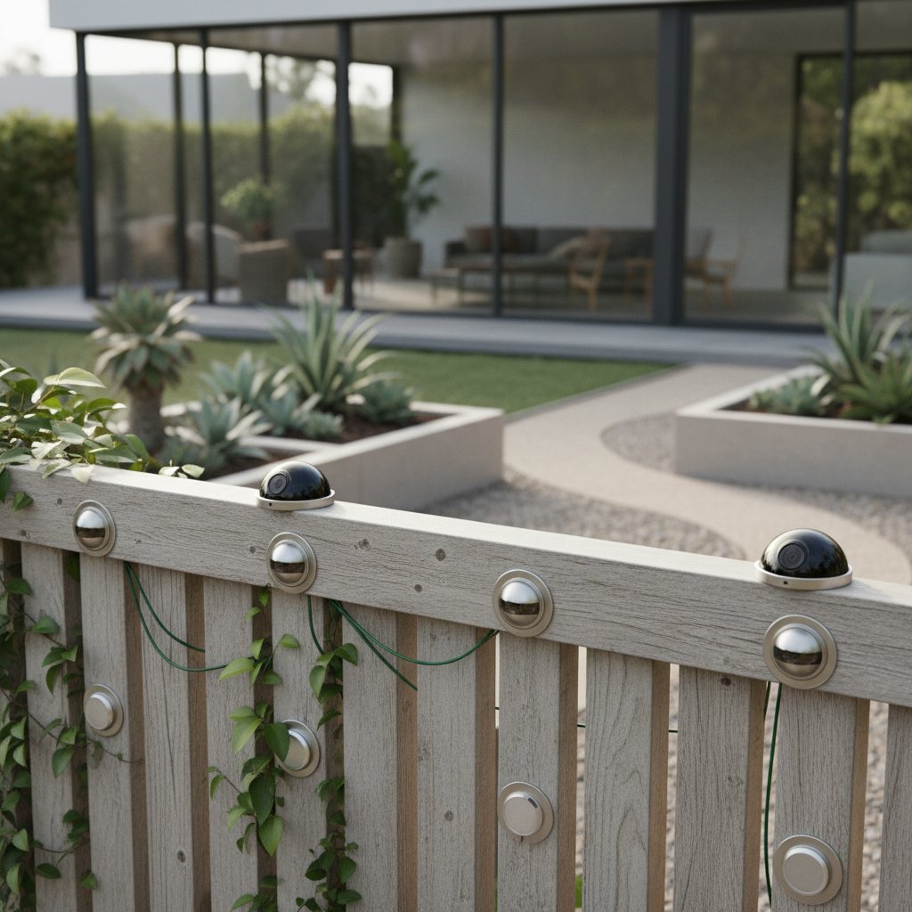 Nowoczesne czujniki i kamery zamontowane na drewnianym płocie ogrodowym