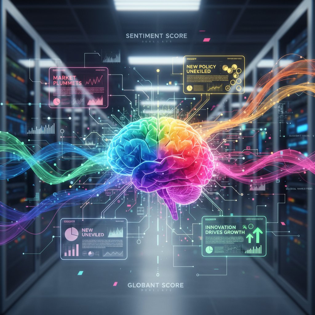 Colorful data streams morphing into headlines, representing sentiment analysis in news content analytics for publishers