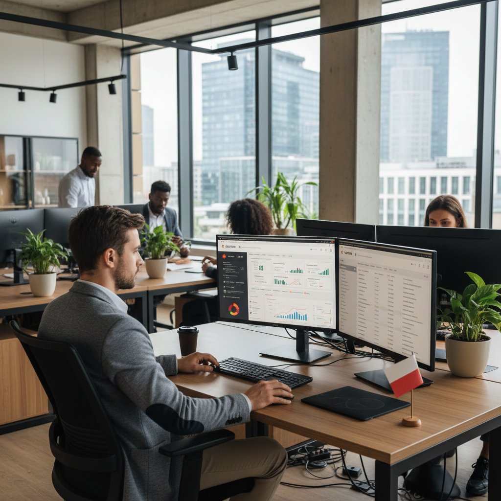 Ekspert SEO analizujący dane konkurencji i trendy słów kluczowych na laptopie w polskim biurze