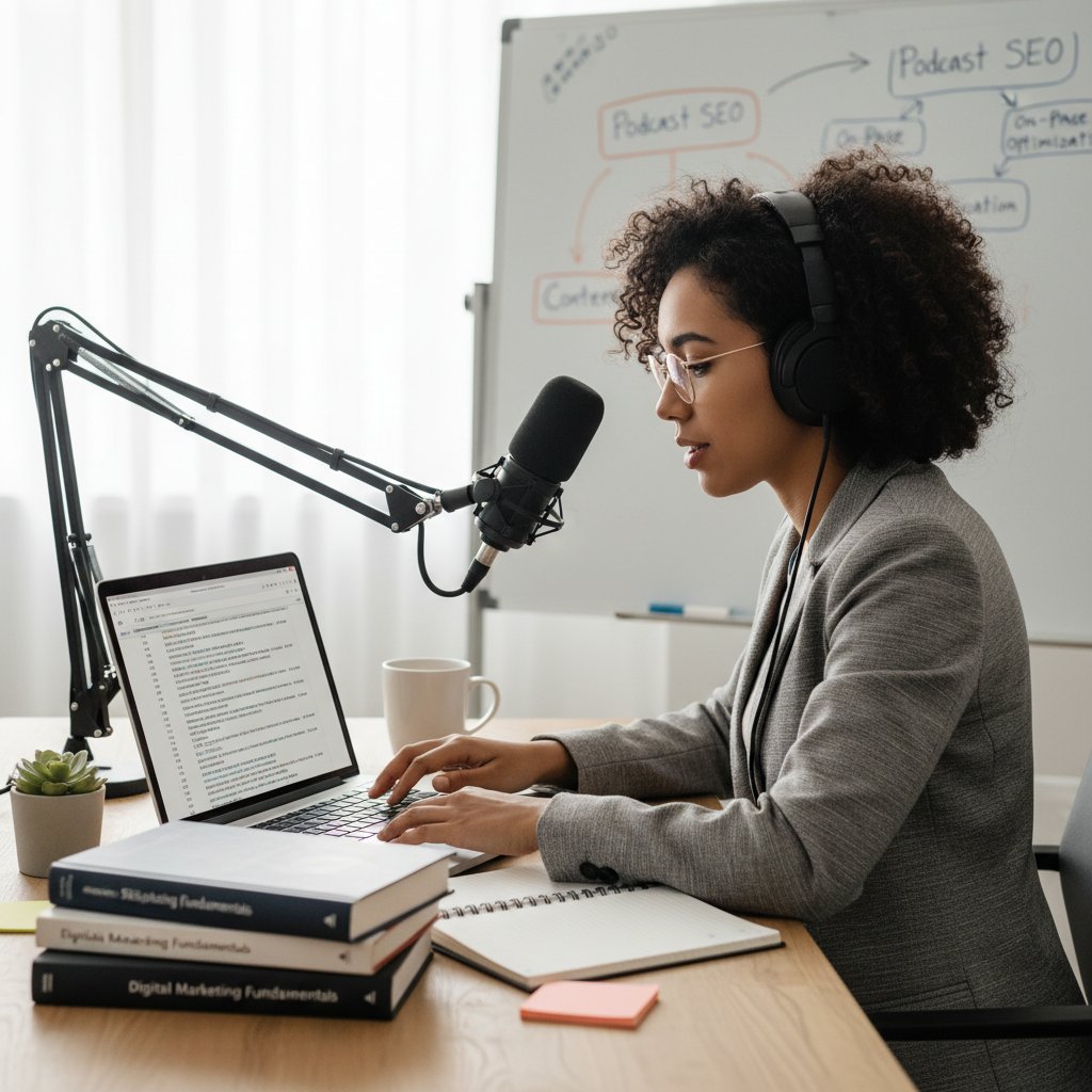 Specjalistka ds. marketingu edukacyjnego analizuje SEO podcastu na ekranie laptopa