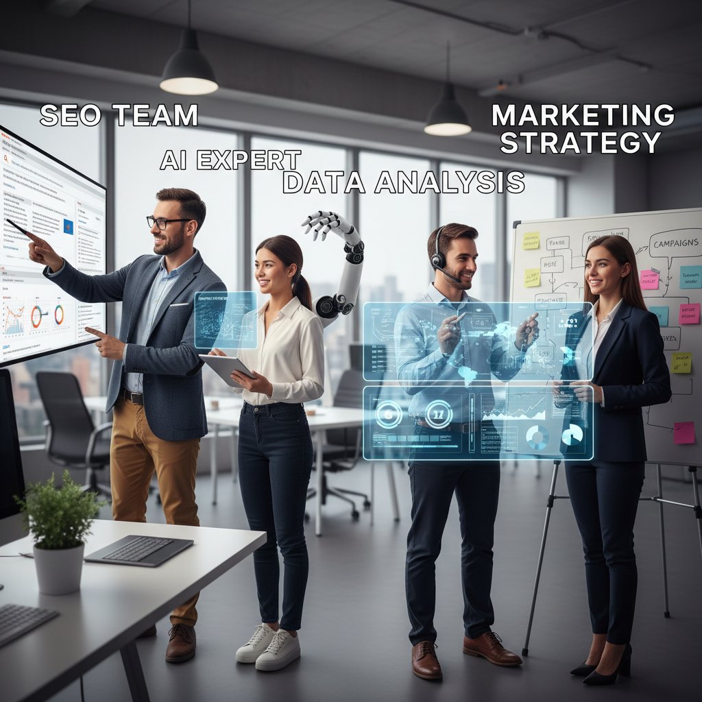 Zdjęcie ilustrujące pracę zespołu SEO z wirtualnym ekspertem AI, analizy danych i strategie marketingowe