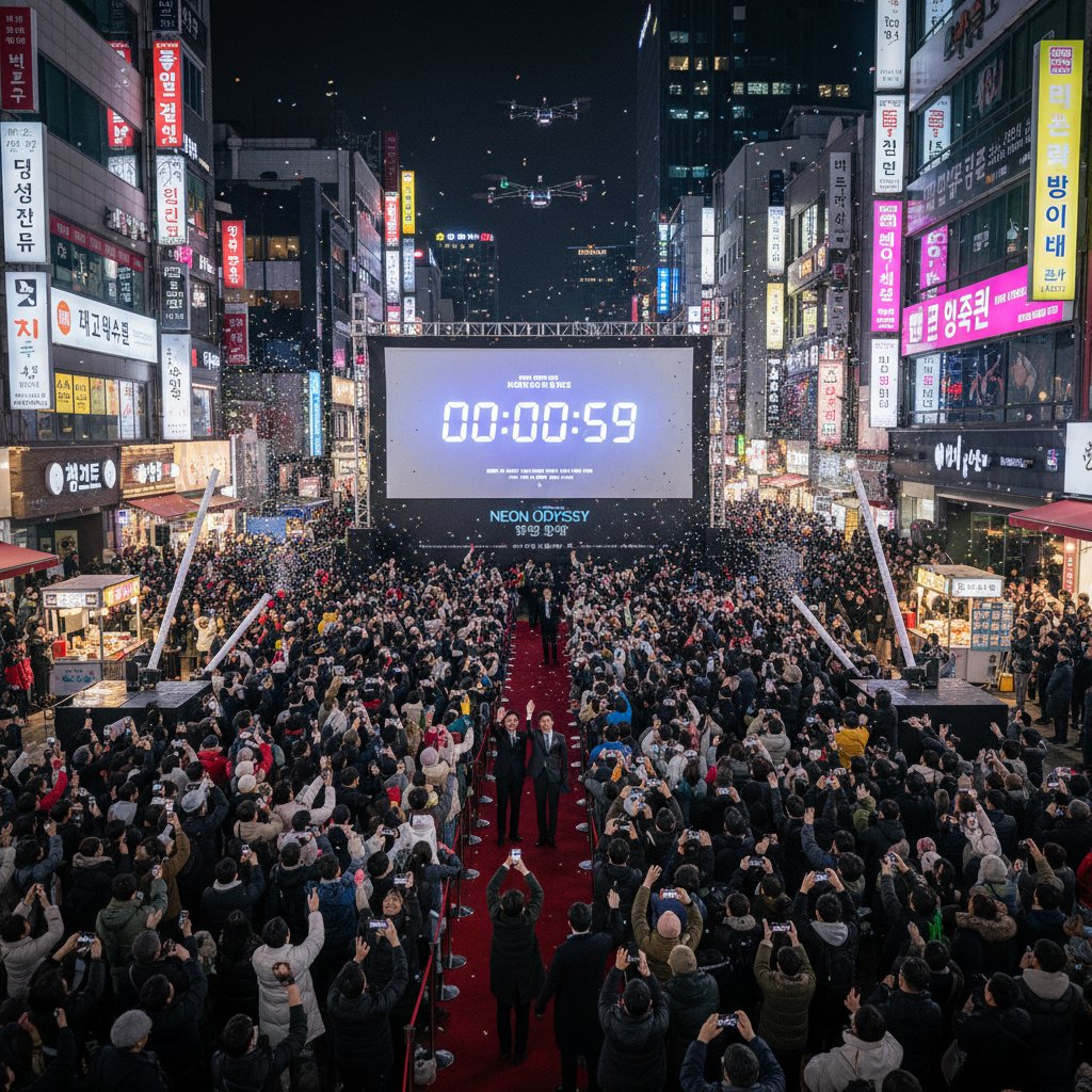 Street cinema scene in Seoul at night, crowds gathered for an international new releases movies premiere, digital countdown screen