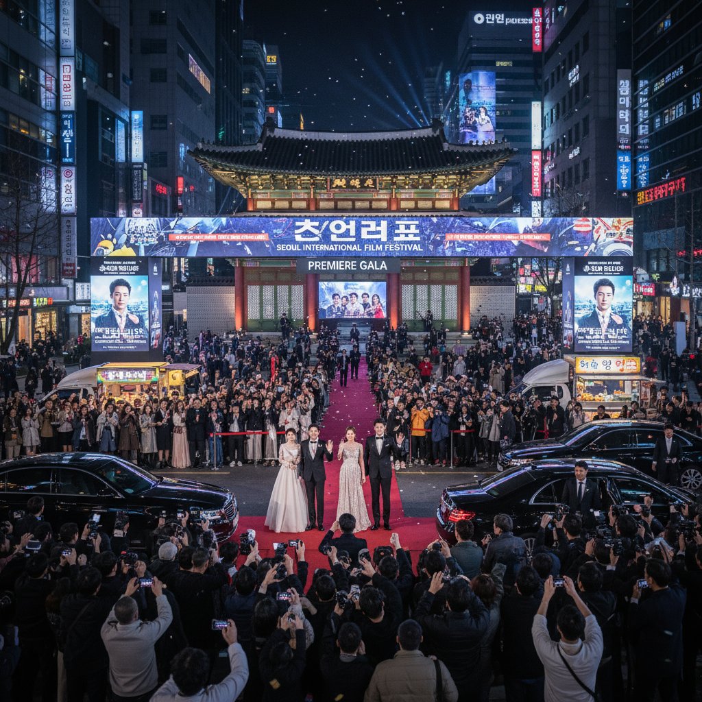 Gritty, vibrant Seoul movie premiere with international press, neon lights, cinematic energy