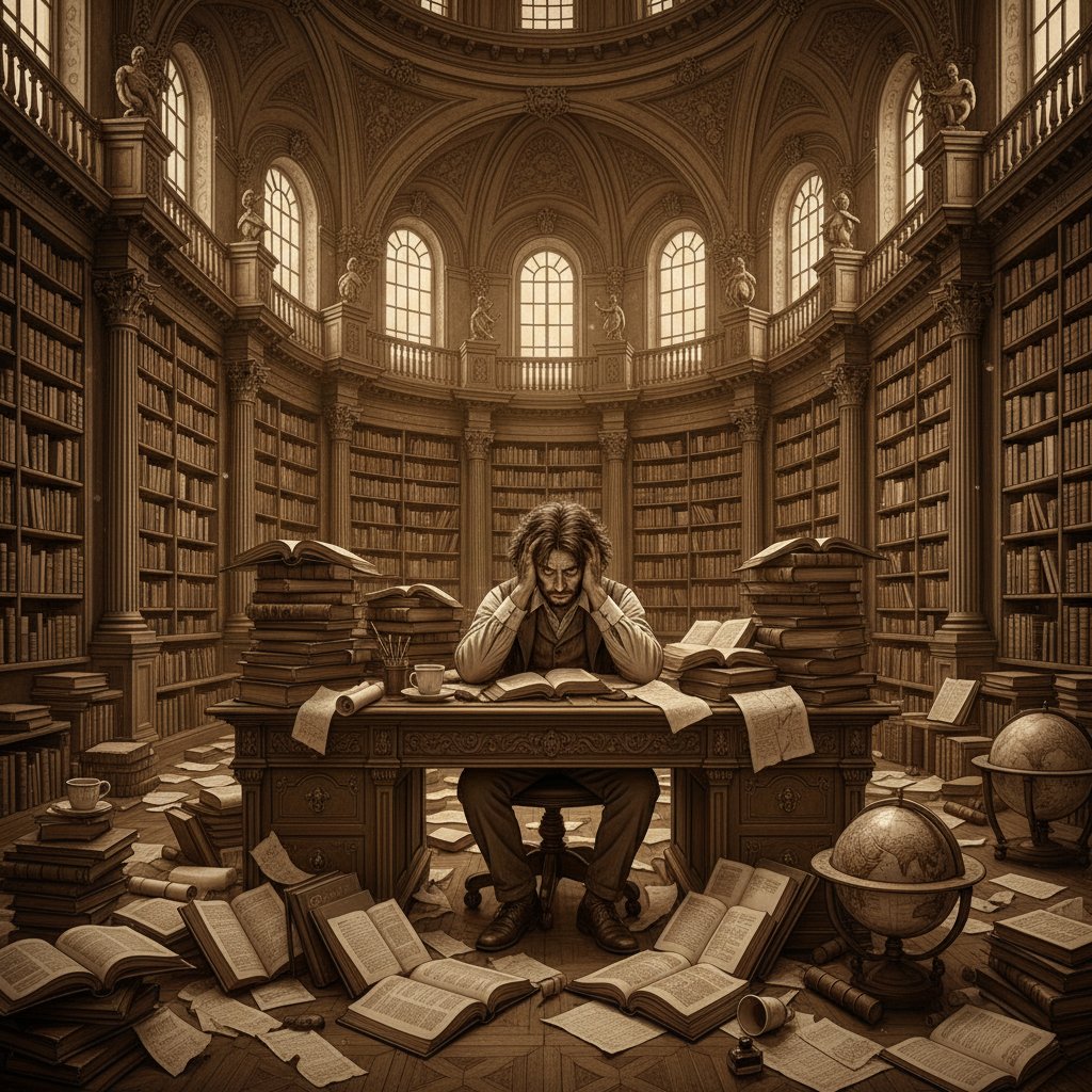 Sepia-toned historical library, stacks of papers and a lone researcher overwhelmed. Alt: Early academic data entry chaos.