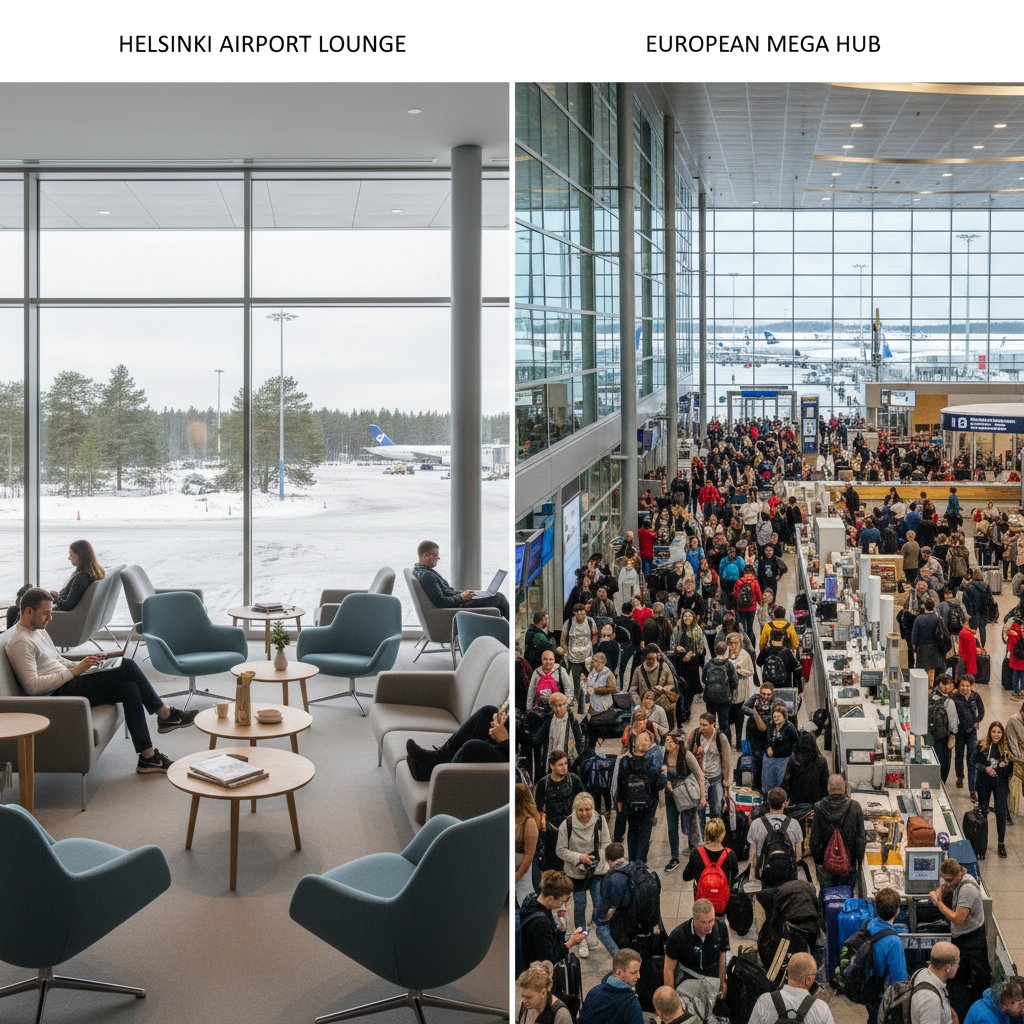 Serene Helsinki Airport lounge vs. crowded European mega-hub, flights from Helsinki