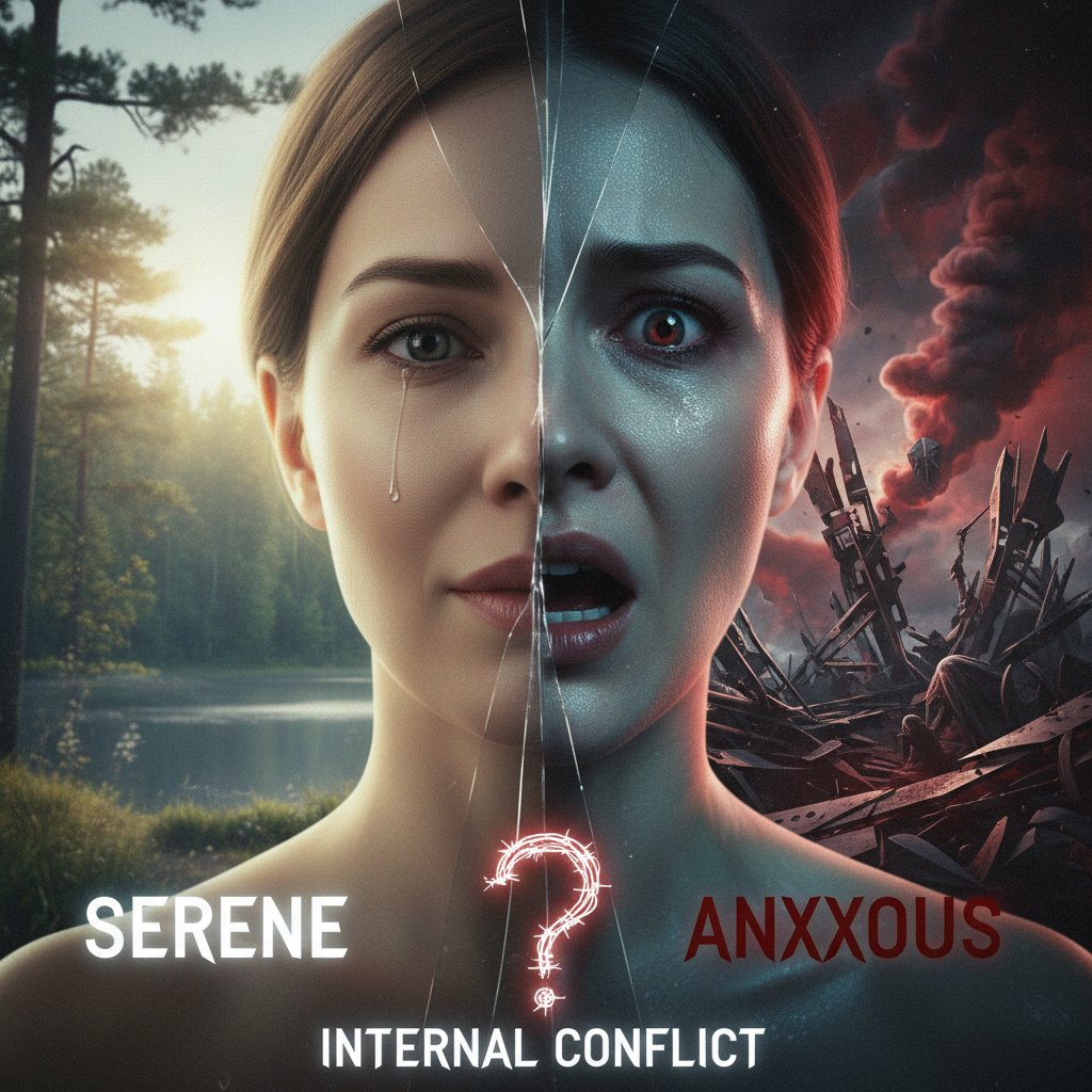 Split image: one half serene, one half anxious, representing the internal conflict of watching psychological thrillers