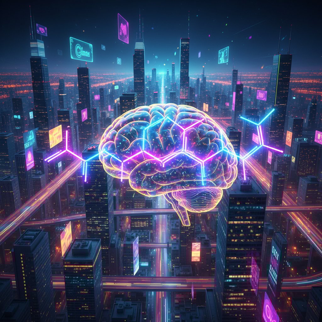 Cząsteczka serotoniny na tle mózgu – symbol polskiego podejścia do szczęścia