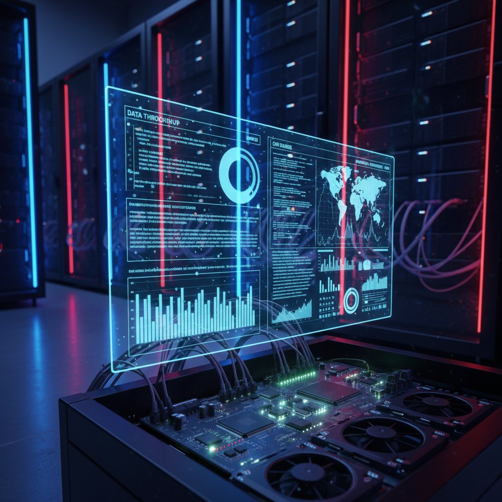 Technologiczny close-up: wnętrze serwera, światła LED, ekran z wykresami analitycznymi