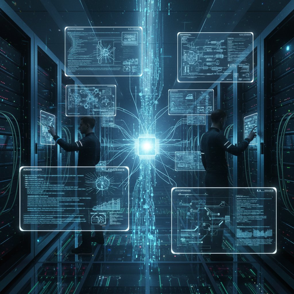 Serwerownia z aktywnymi monitorami, na ekranie kod AI oraz schematy łączenia systemów