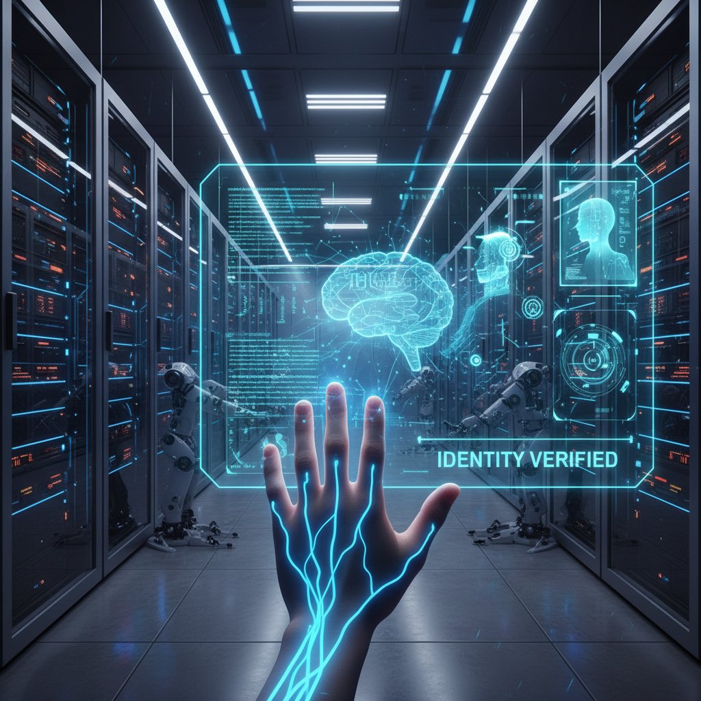 Serwerownia i symbol AI, połączenie człowieka z maszyną – przyszłość badania wiarygodności