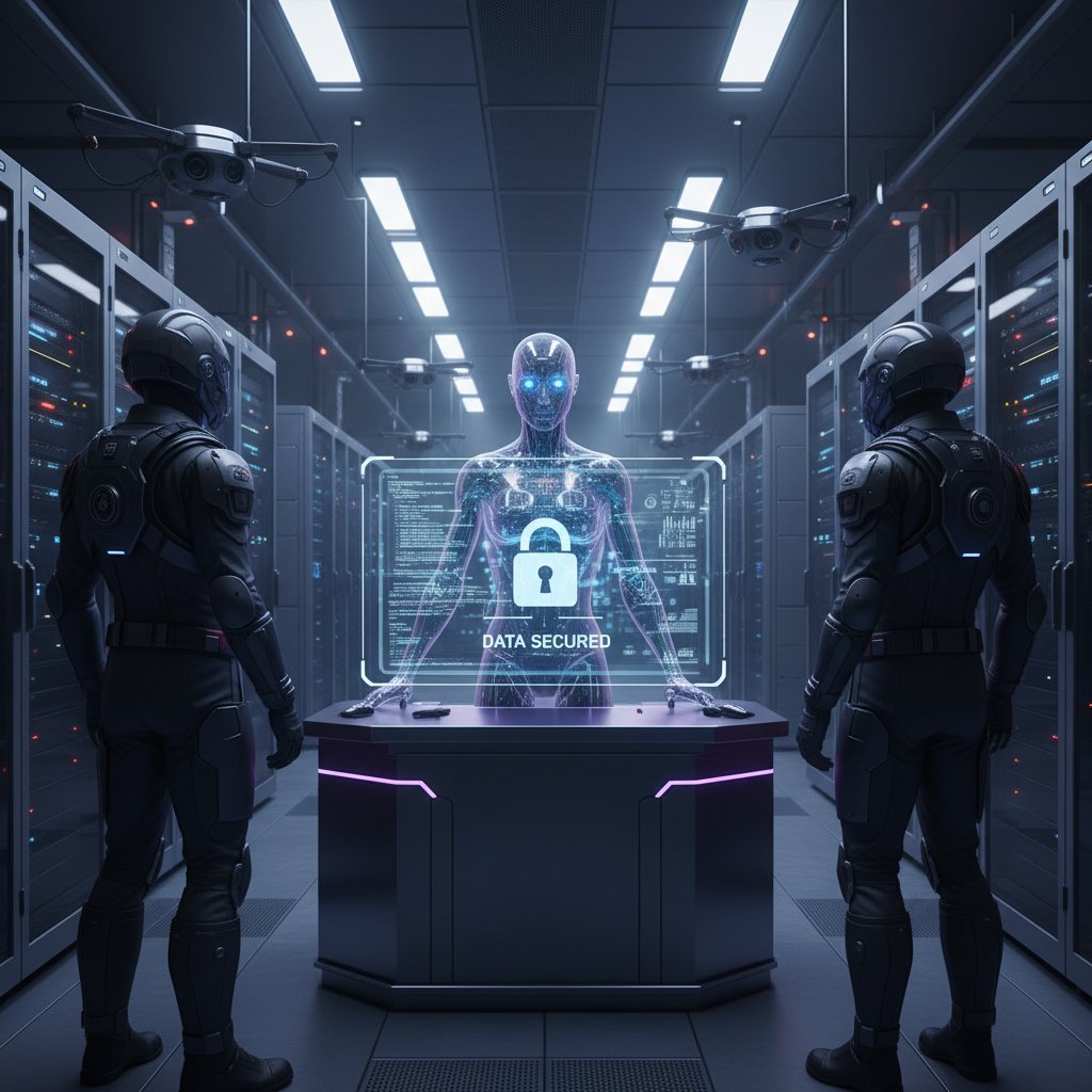 Biuro z serwerownią i ekranami symbolizującymi bezpieczeństwo danych AI