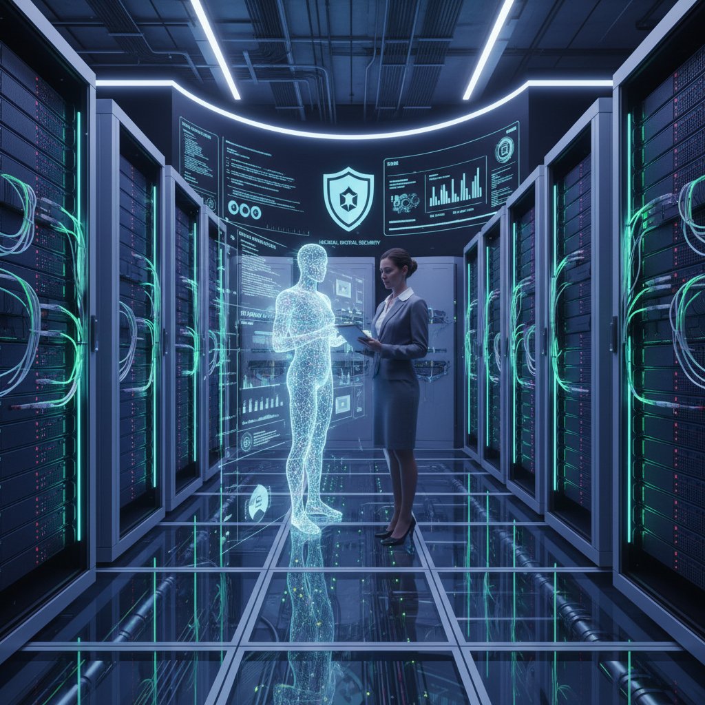Serwerownia z elementami cyfrowego bezpieczeństwa, pracownik HR nadzoruje wirtualnego asystenta