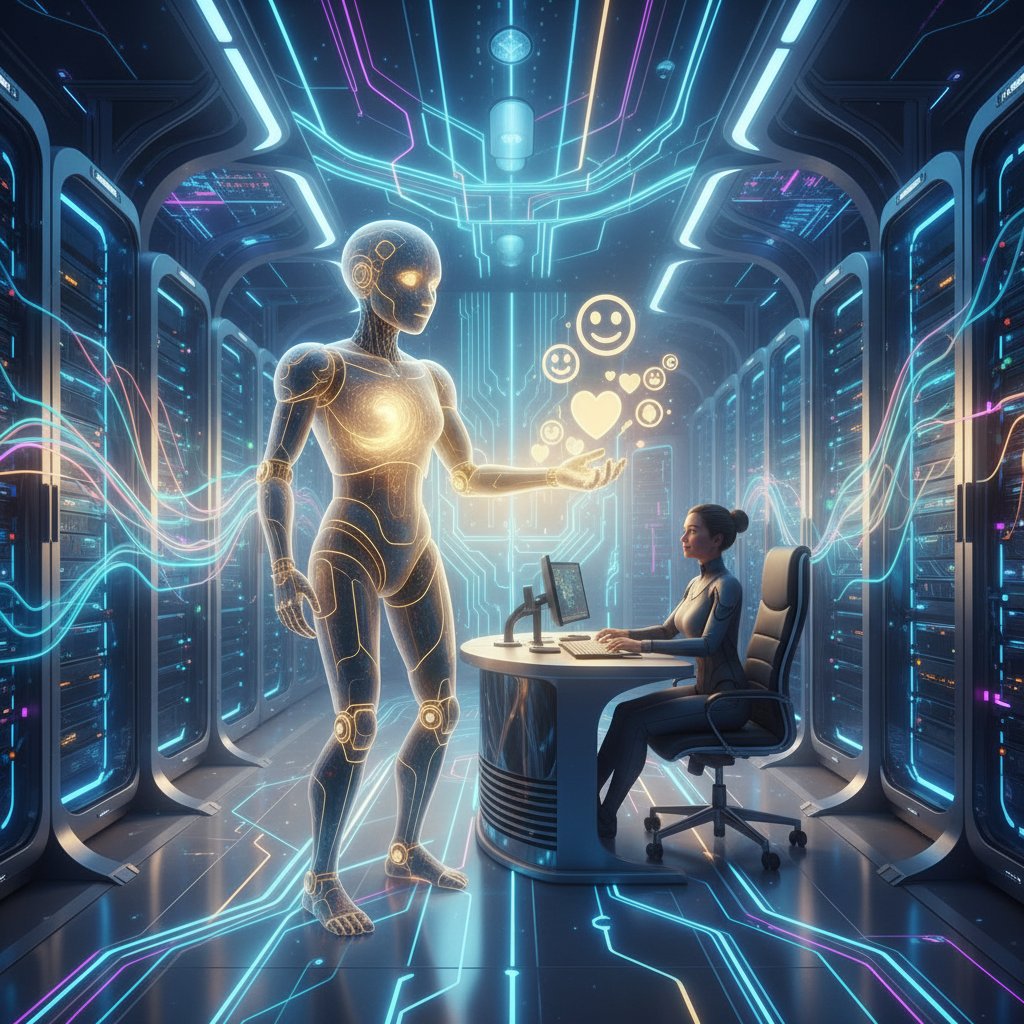 Serverraum mit futuristischer Beleuchtung, symbolisiert KI-Modelle, die emotionale Unterstützung ermöglichen