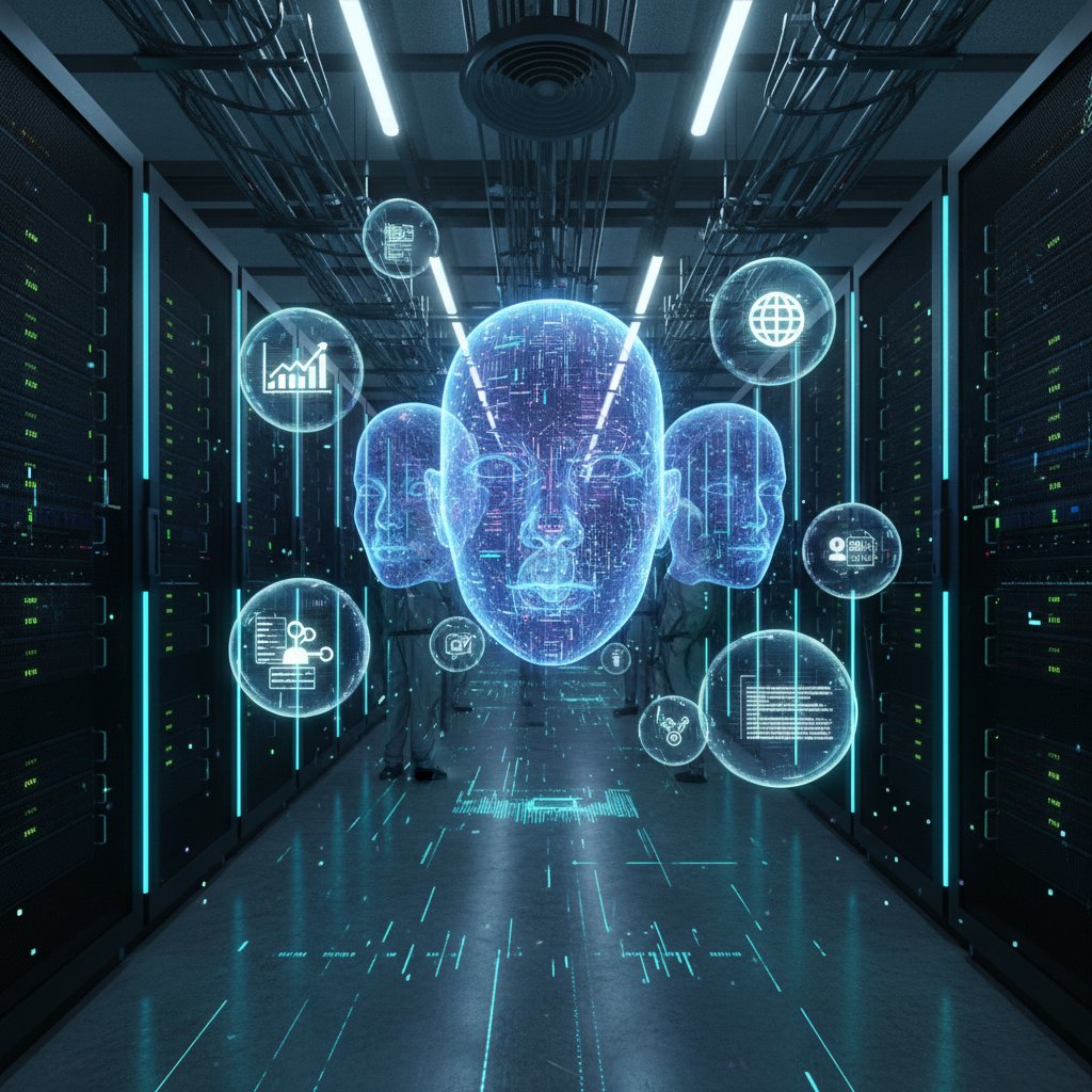 Serwerownia z hologramami twarzy, każda w osobnej bańce informacyjnej