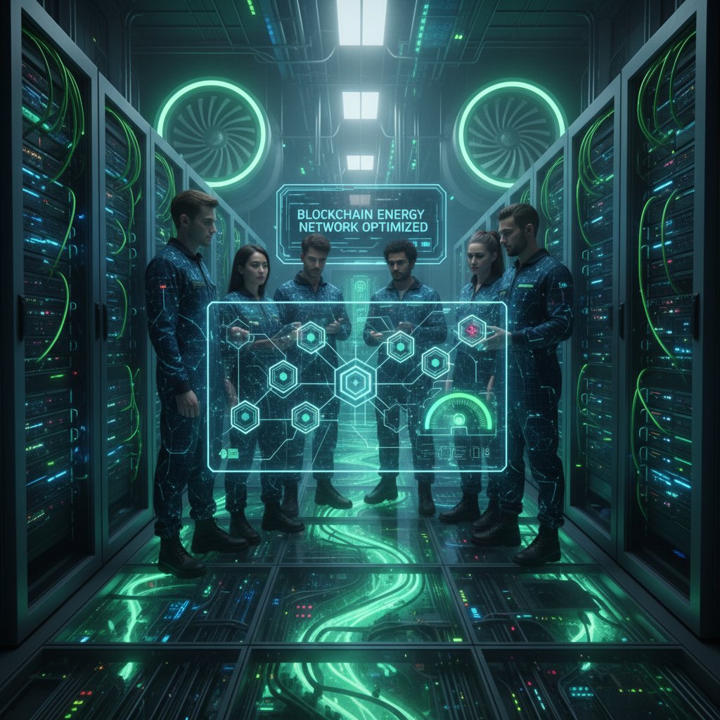 Serwerownia i zespół IT analizujący zużycie energii oraz kod blockchain