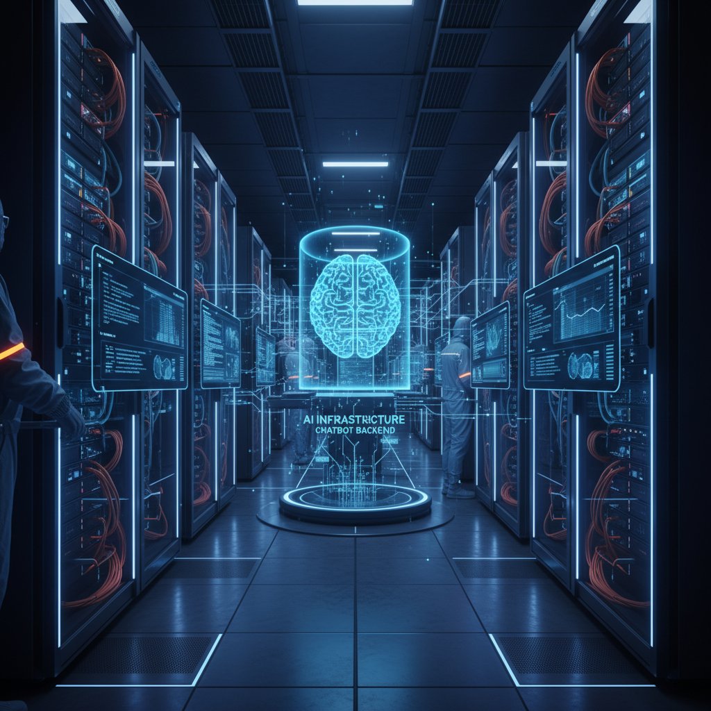 Serwerownia z widocznymi kablami i światłami LED, symbolizująca zaplecze AI do czatbotów