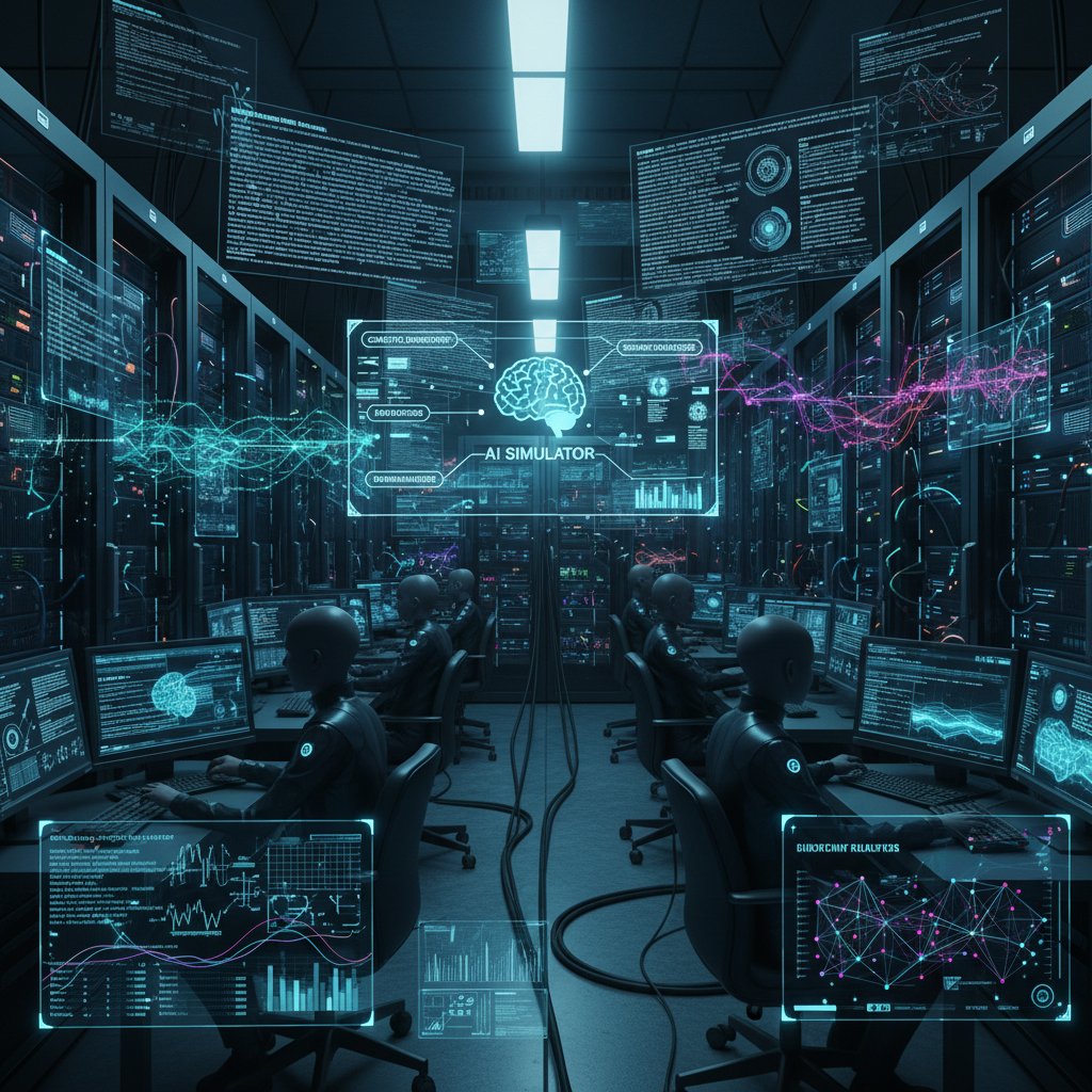 Serwerownia z ekranami pokazującymi analizę tekstu literackiego, symulator AI, nowoczesna technologia